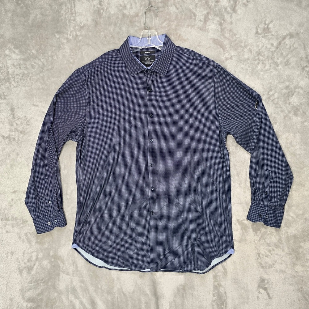 WRK Shirt Mens 18 Navy Blue Polka Dot 4-Way Stretch Slim Fit Performance Button